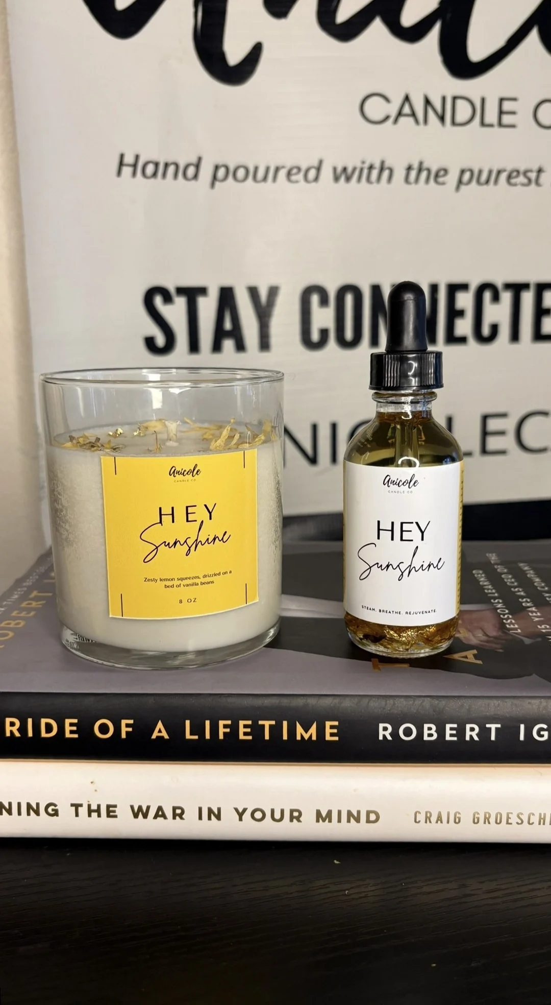 Hey Sunshine candle and shower oil with yellow labels